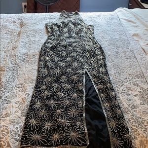 Black Evening Gown with Champagne Accent Beadwork